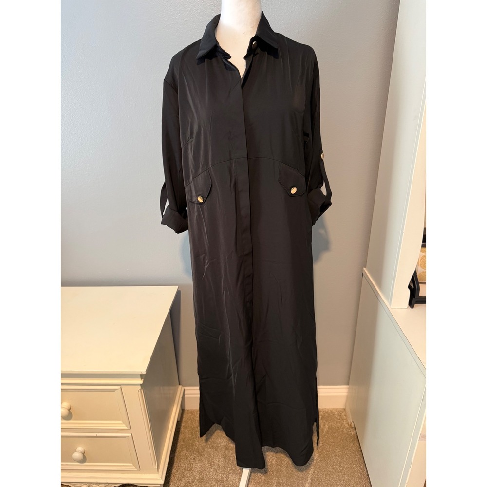 ChicMe Black Maxi Shirt Dress Roll Tab Sleeve Gold Button Detail Small